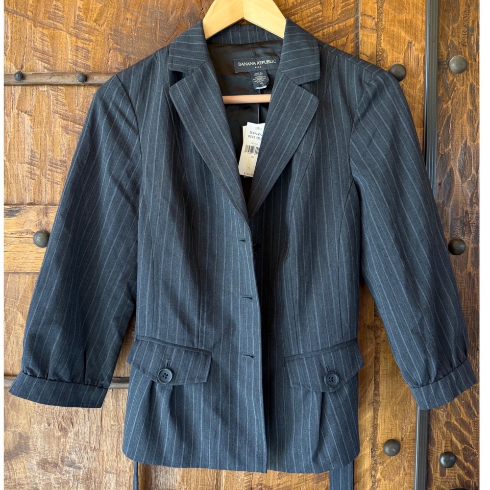 Banana Republic Womens Pinstripe Blazer Charcoal Grey Wool Blend Jacket Size 10